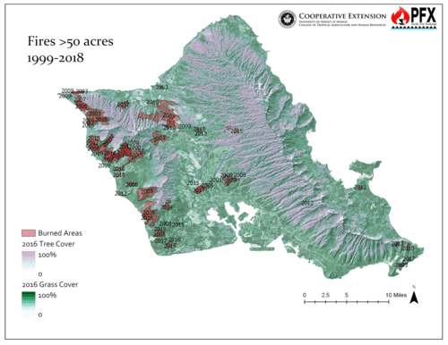 Fires > 50 Acres 1999-2018, O`ahu (Credit: UH Wildland Fire)