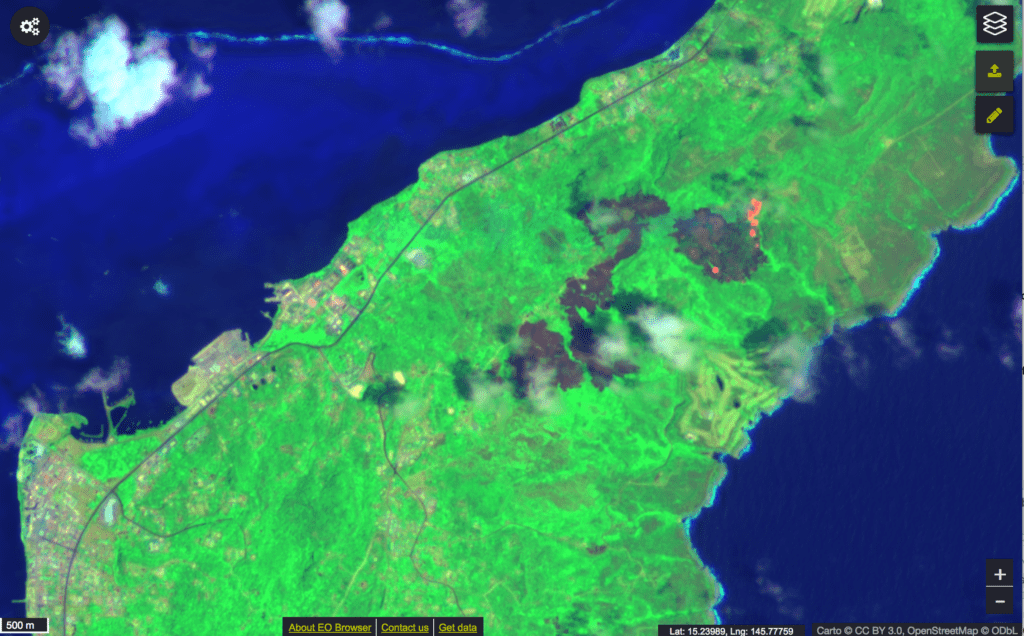 Saipan Fire Scars, March 2018 (Source: Sentinel 2 Imagery, SWIR Visualization)