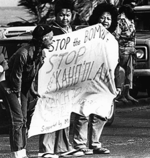 ON OCTOBER 22, 1990, THE PROTECT KAHOʻOLAWE ʻOHANA WAS SUCCESSFUL IN CEASING THE USE OF KAHOʻOLAWE AS A LIVE WEAPONS TRAINING RANGE AS PRESIDENT BUSH ORDERED A HALT TO THE BOMBING OF THE ISLAND. (PHOTO: HONOLULU ADVERTISER)