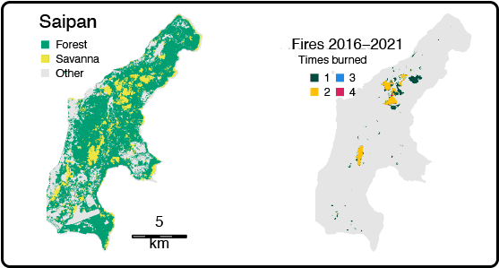 Saipan Land Cover and Areas Burned (2016 - 2021)