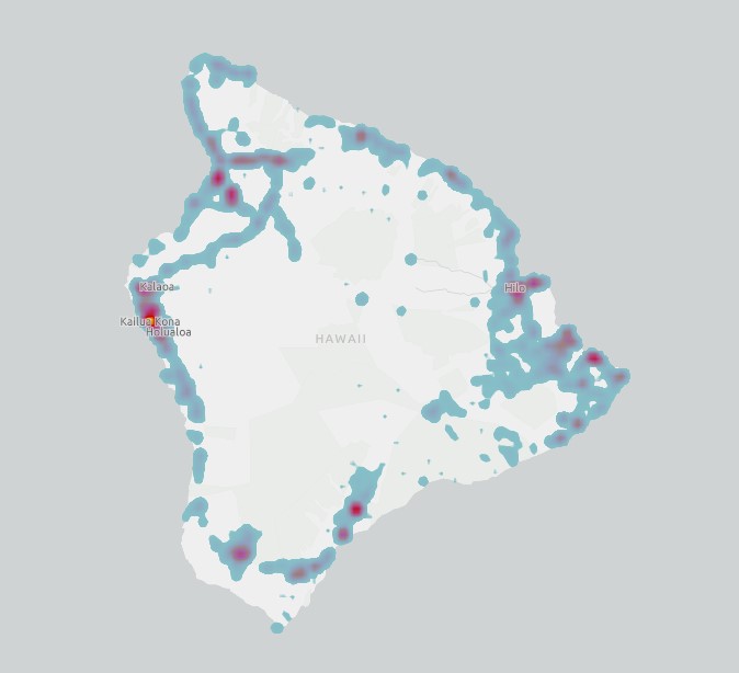 heat map of wildfire ignitions from 2000 through 2020 on the island of Hawaii