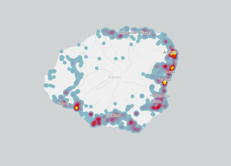 heat map of wildfire ignitions from 2000 to 2020 on Kauai