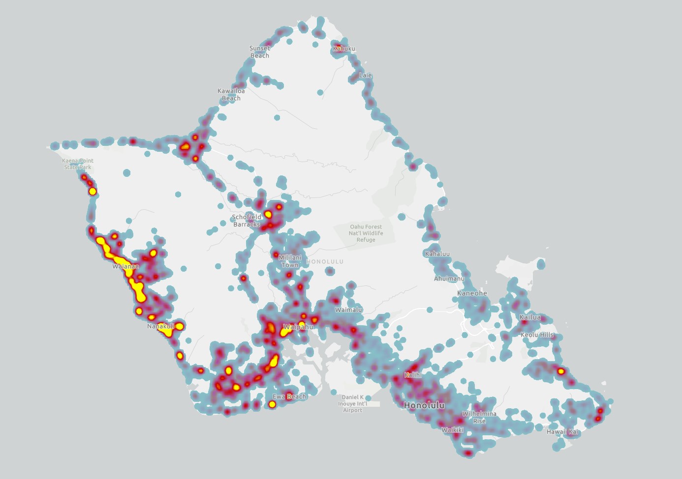 heat map of wildfire ignitions from 2000 to 2020 on Oahu