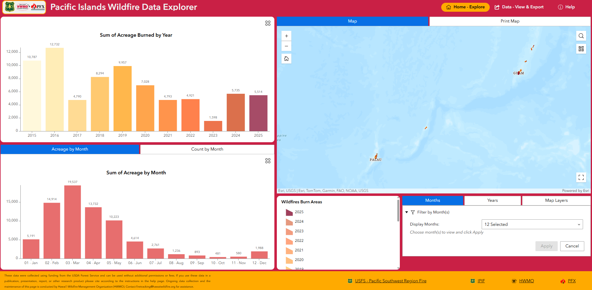 Screenshot of Pacific Islands Wildfire Data Explorer